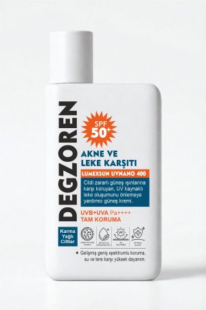 DEGZOREN SPF 50+ PA++++ Leke Karşıtı Yüz ve Vücut Güneş Kremi – Akneye Eğilimli Ciltler