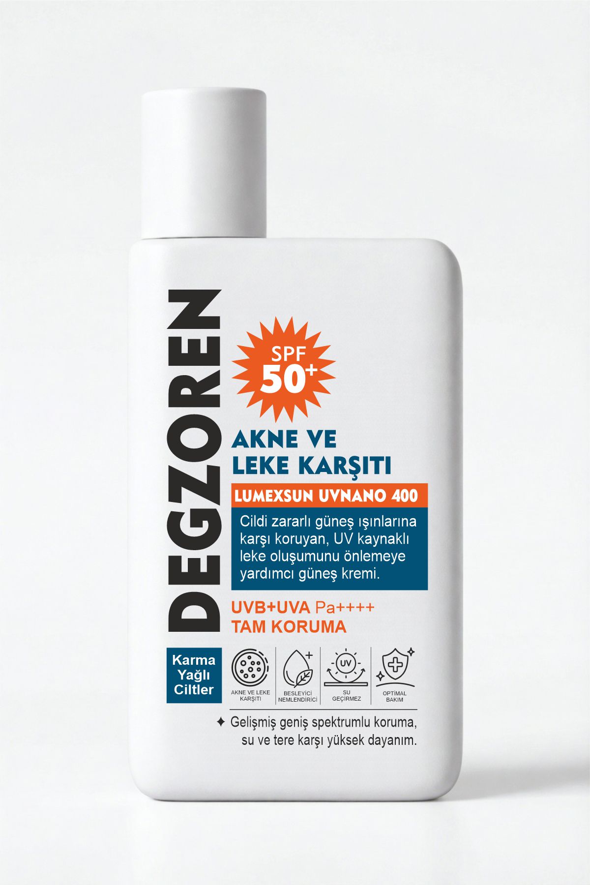 DEGZOREN SPF 50+ PA++++ Leke Karşıtı Yüz ve Vücut Güneş Kremi – Akneye Eğilimli Ciltler