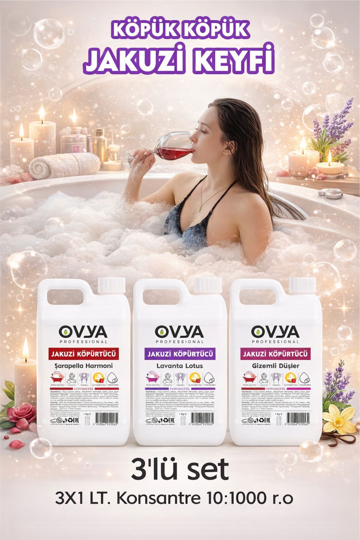 OVYA Konsantre Jakuzi Köpürtücü Banyo Köpüğü Paketi | Şarapella - Lavanta - Gizemli Düşler